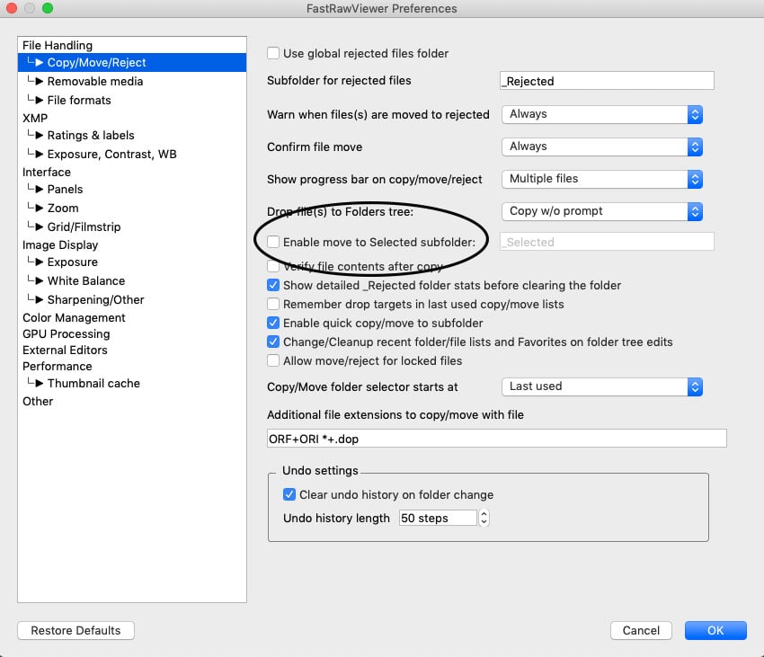 Preferences FastRawViewer, раздел Copy Move Reject с настройками папок Selected и Rejected и истории Undo