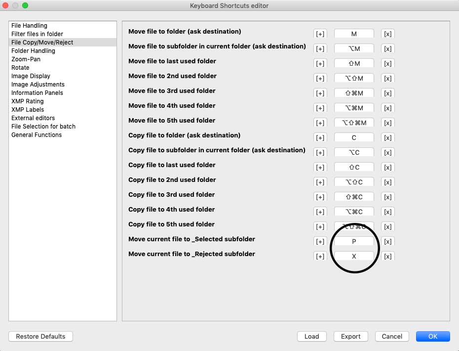 Редактор горячих клавиш FastRawViewer на вкладке File Copy Move Reject с назначениями для Selected и Rejected