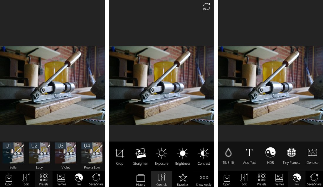 Мобильный интерфейс Fhotoroom с вкладками Edit, Presets, Frames и Pro