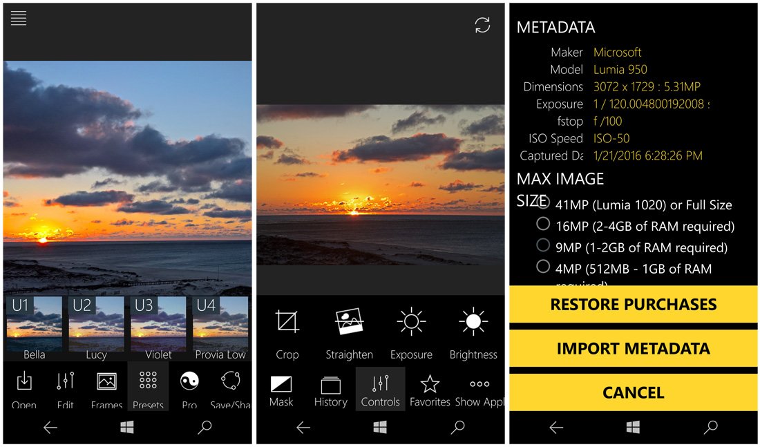 Экран Metadata Fhotoroom с EXIF, размером изображения и выбором Max Image Size