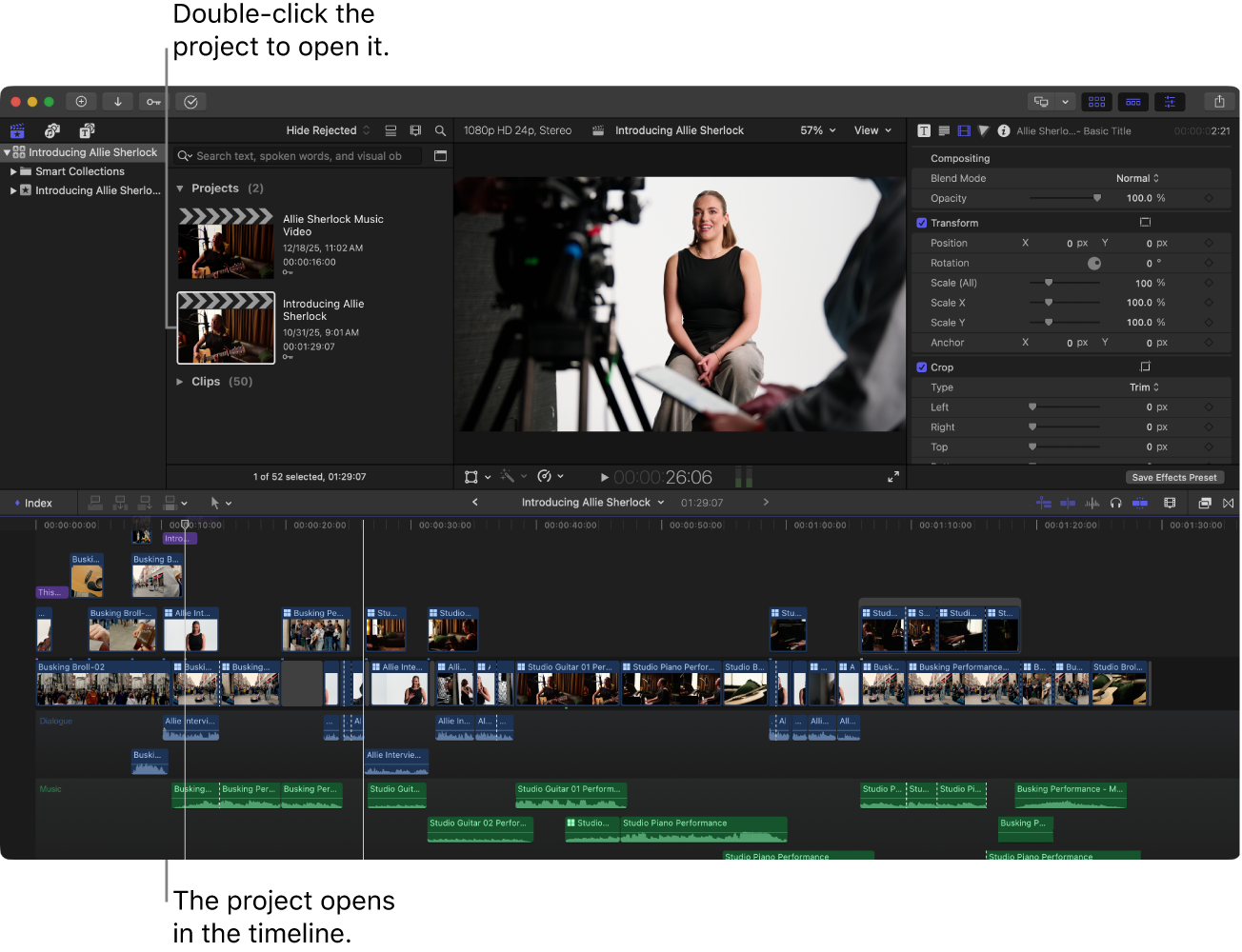 Основное окно Final Cut Pro с браузером, Viewer, Inspector и монтажным таймлайном