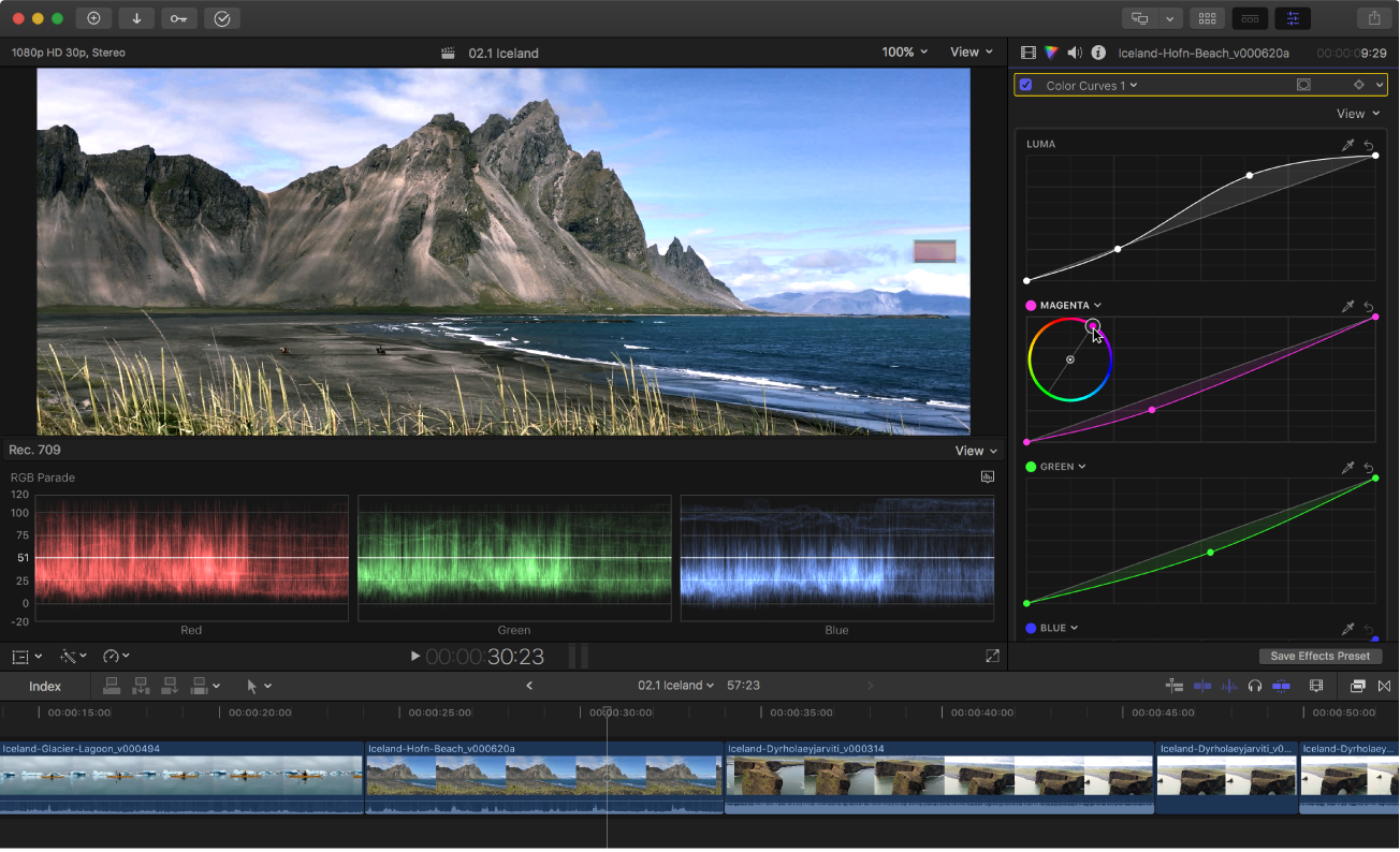 Color Curves, RGB Parade, Viewer и таймлайн во время цветокоррекции Final Cut Pro