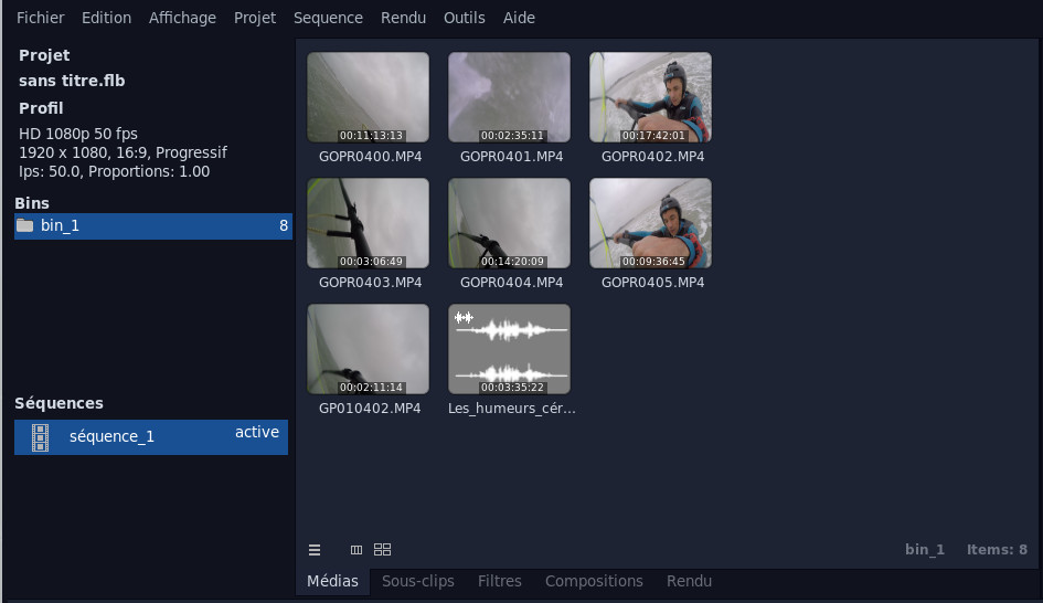 Панель Media Flowblade с импортированными видео, аудио, корзиной и последовательностью