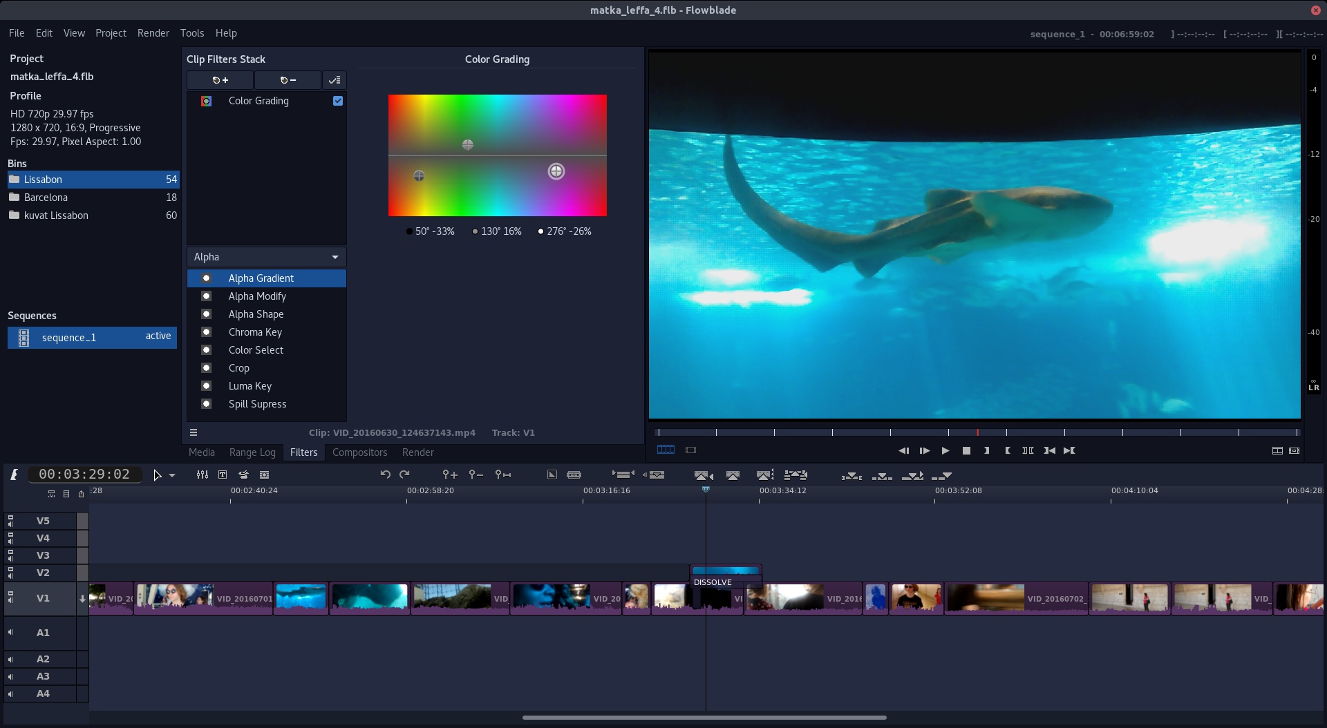 Панель Color Grading в Flowblade рядом со списком Alpha-фильтров и видеомонитором
