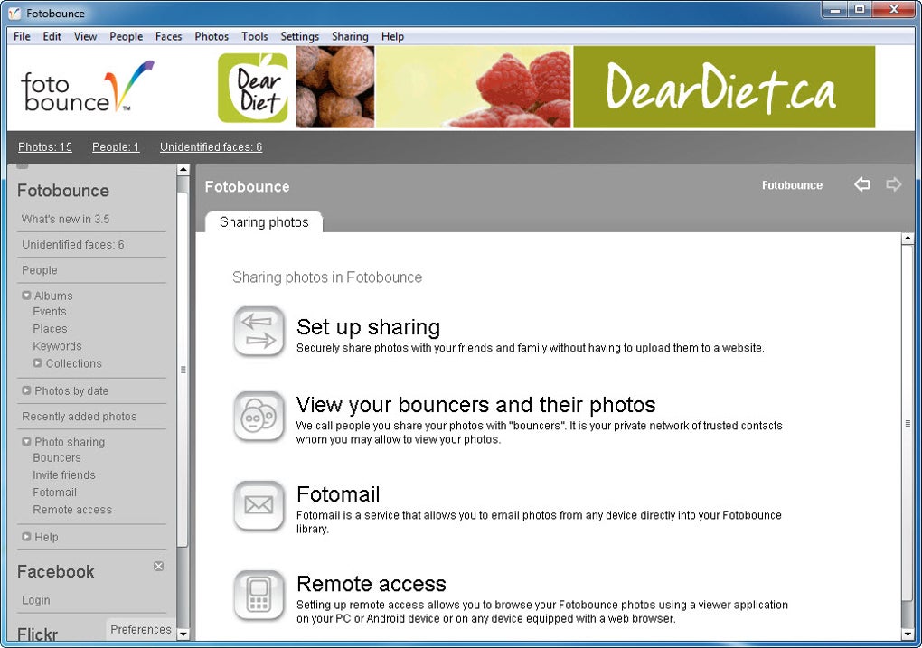 Раздел Sharing Photos в Fotobounce с пунктами Set up sharing, Bouncers, Fotomail и Remote access.