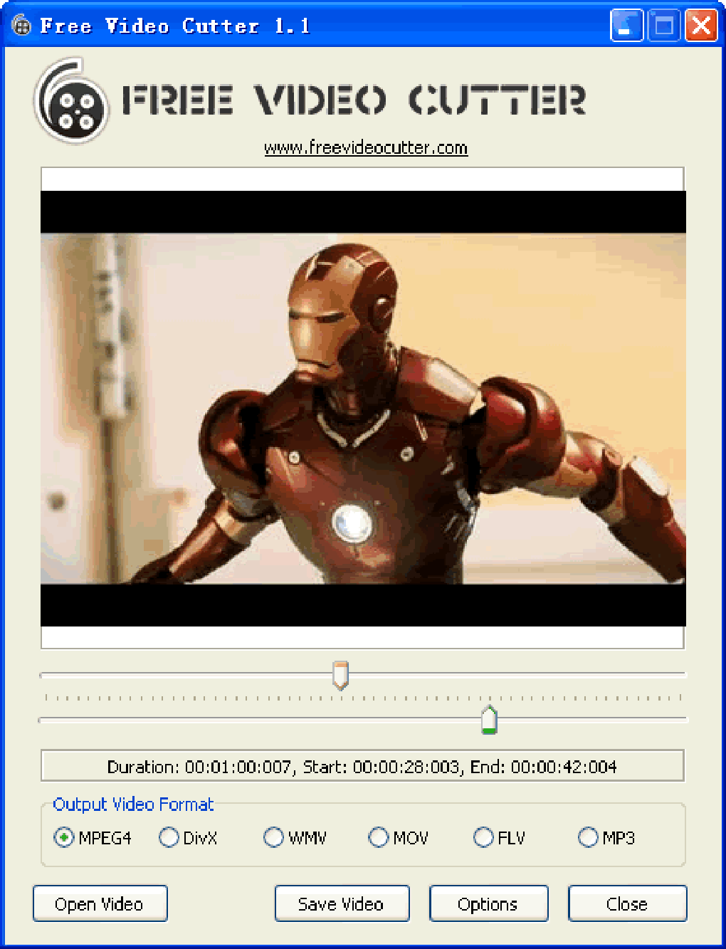 Выбор фрагмента для сохранения в Free Video Cutter