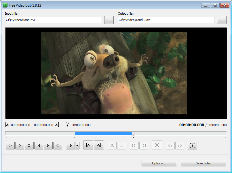 Главное окно Free Video Dub 1.8.12 с полями Input file и Output file, окном просмотра и панелью управления