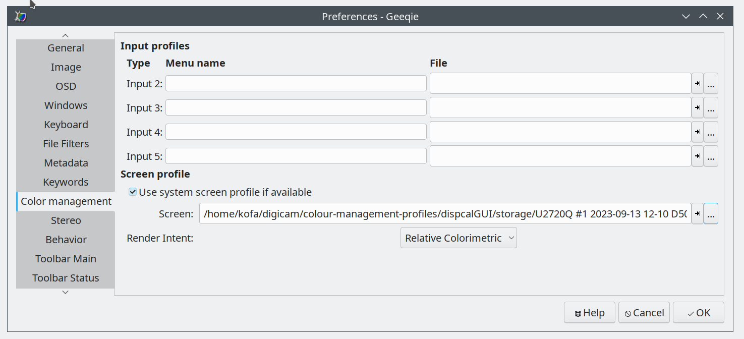 Диалог Preferences Geeqie на вкладке Color management с настройкой профиля экрана и Render Intent