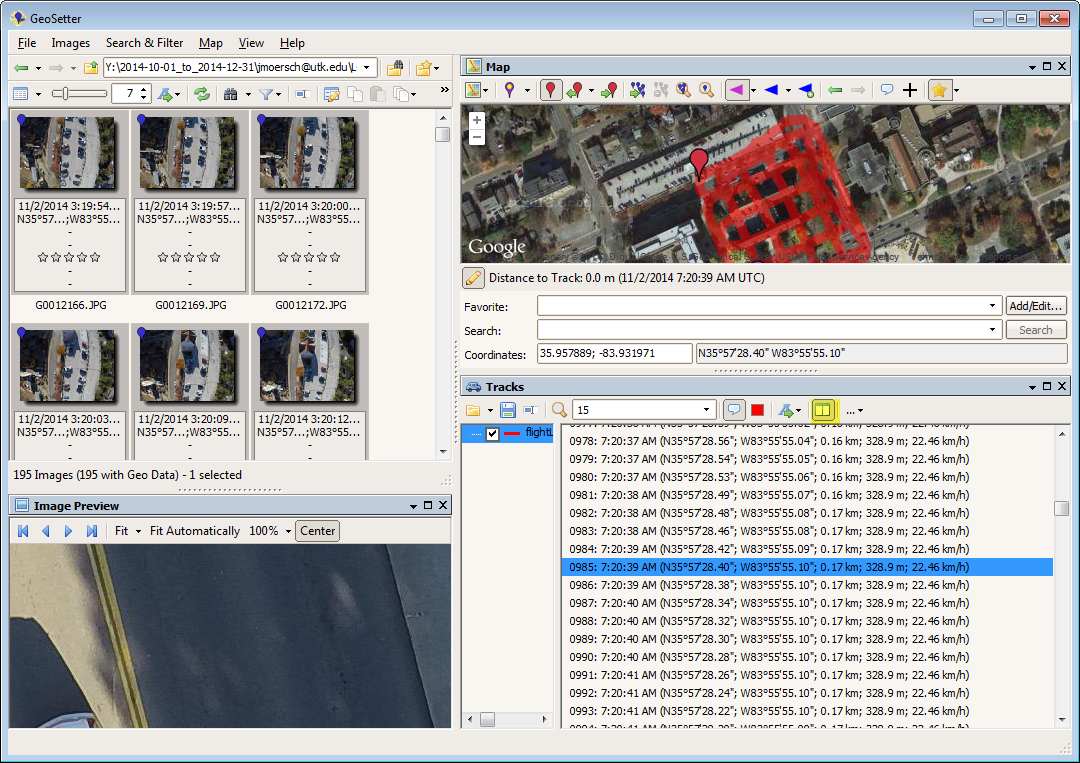 GeoSetter с загруженным GPS-треком: список точек маршрута, карта и миниатюры фотографий.