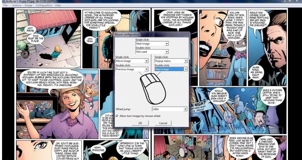 Диалог Mouse configuration с действиями кликов и колесика мыши