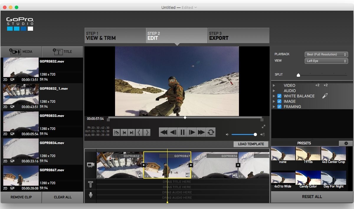 Интерфейс GoPro Studio с окном предпросмотра, медиатекой и Storyboard