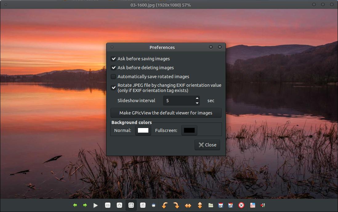 Диалог Preferences GpicView с подтверждением сохранения и удаления, поворотом JPEG и настройкой фона