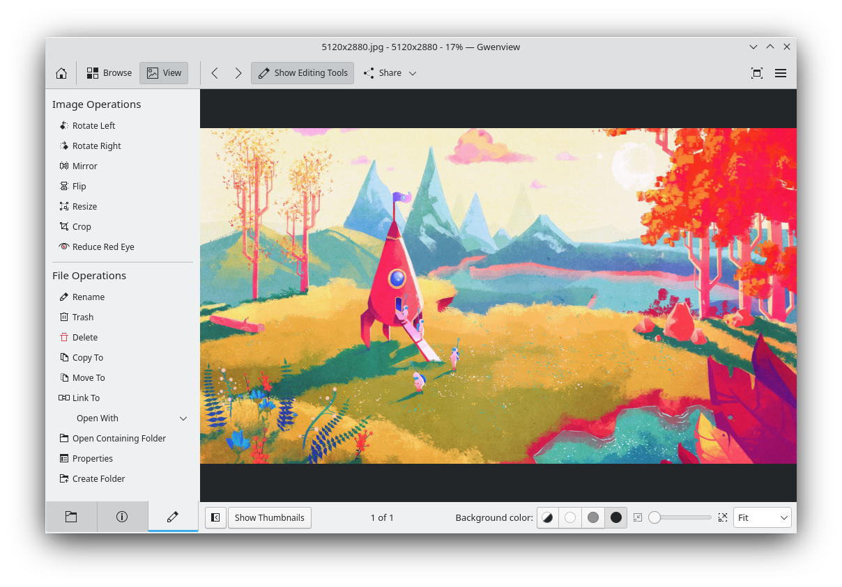 Главное окно Gwenview в режиме View: открыто изображение, слева панель Image Operations, сверху кнопки Browse, View и Show Editing Tools.