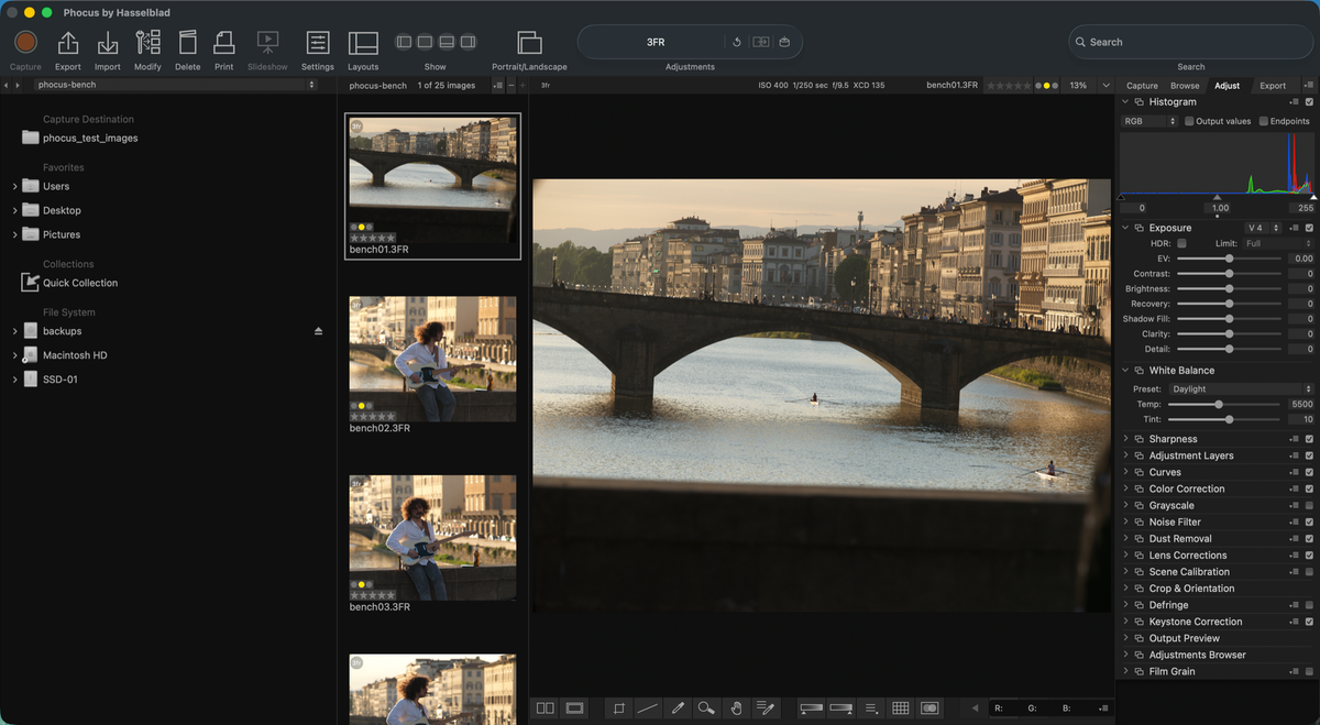 Главное окно Phocus на macOS: браузер папок, миниатюры 3FR, Viewer, гистограмма и панели корректировок