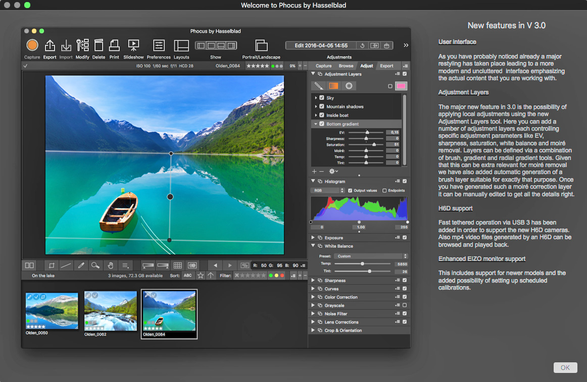 Phocus 3.0 с несколькими Adjustment Layers, градиентной маской, гистограммой и локальными параметрами