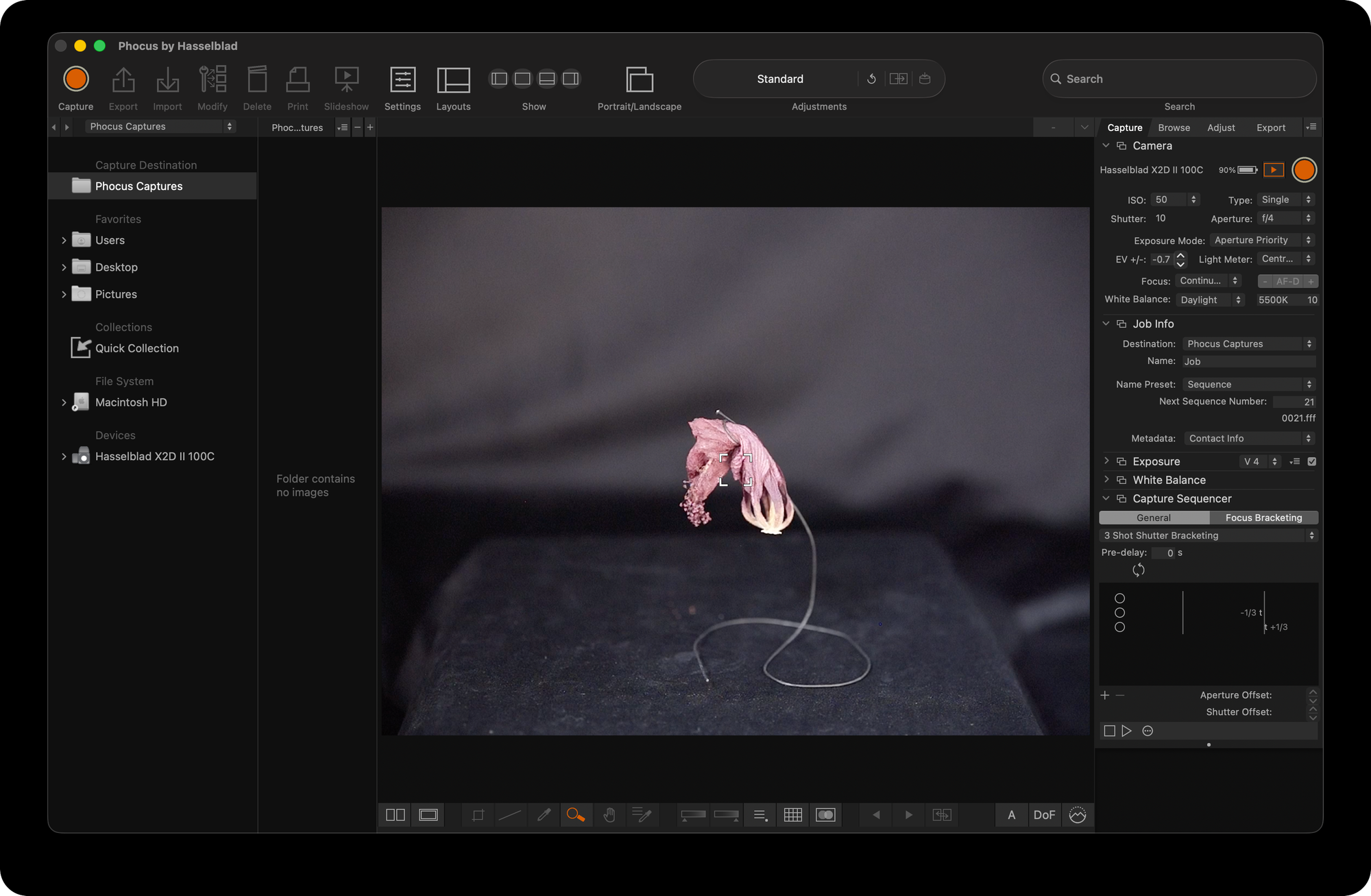 Режим кабельной съёмки Phocus с Live View, панелью Camera и настройками Capture Sequencer