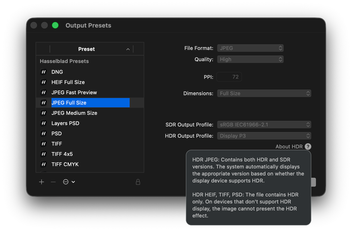 Окно Output Presets Phocus 4.2 с JPEG Full Size и отдельными профилями SDR и HDR