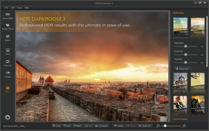 Главное окно HDR Darkroom 3 с центральным превью, левой панелью команд и HDR Styles справа