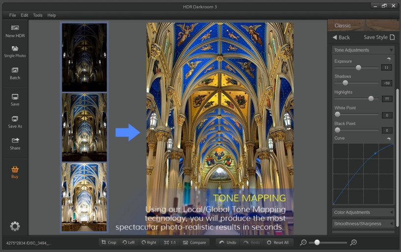 Расширенная панель HDR Darkroom 3 с Exposure, Shadows, Highlights, White Point, Black Point и Curve