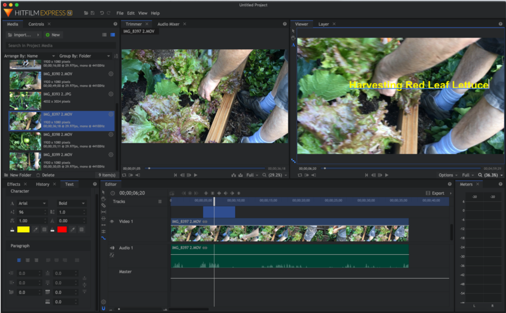 Интерфейс HitFilm Express 12 с Trimmer, Viewer и монтажной шкалой