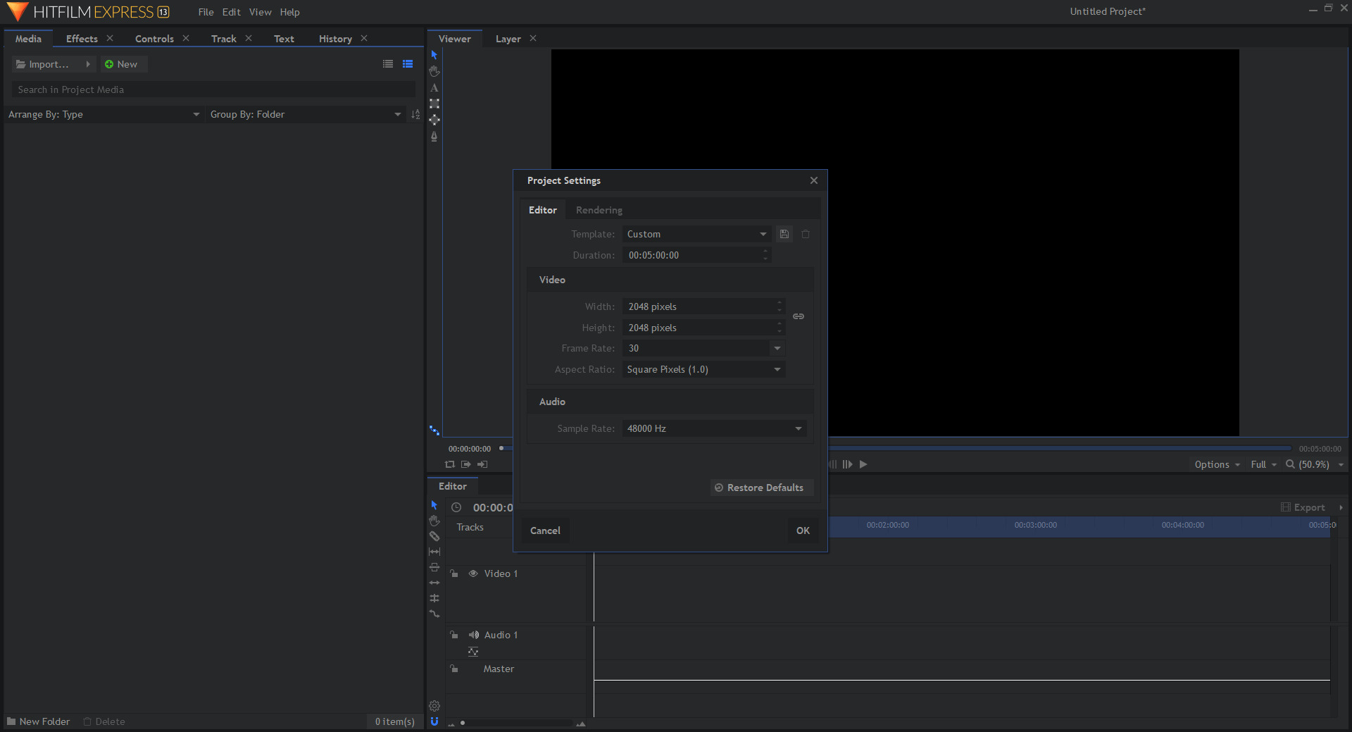 Окно Project Settings в HitFilm Express с параметрами видео и аудио