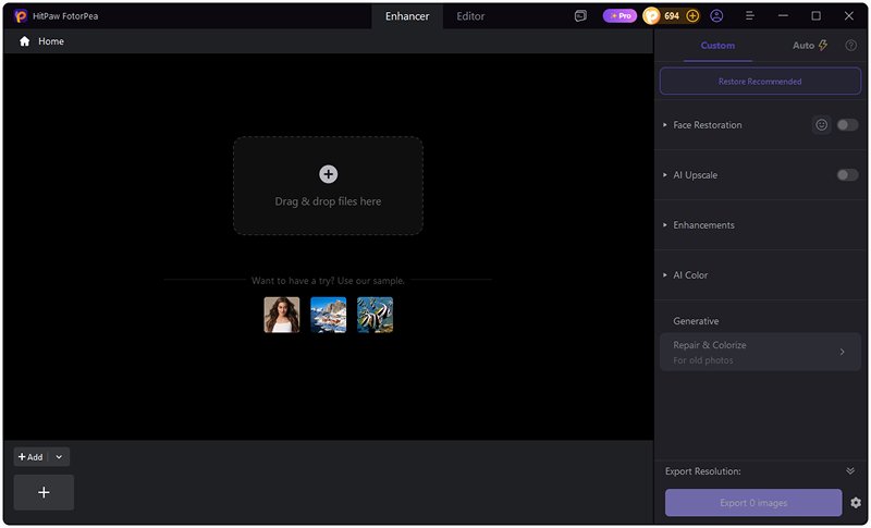 Рабочая область Enhancer до импорта: зона Drag & drop files here, панель моделей и кнопка Add