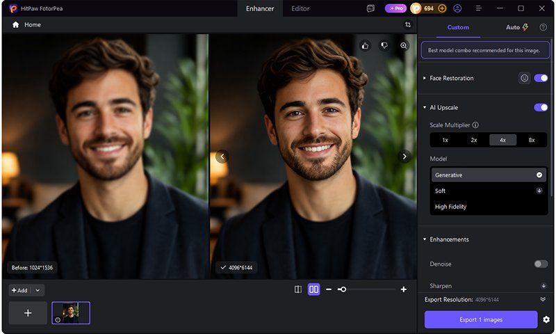 Настройки AI Upscale с коэффициентами 1x, 2x, 4x, 8x и режимами Generative, Soft, High Fidelity