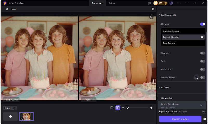 Модель Denoise с вариантами Creative Denoise, Realistic Denoise и Raw Denoise в окне сравнения
