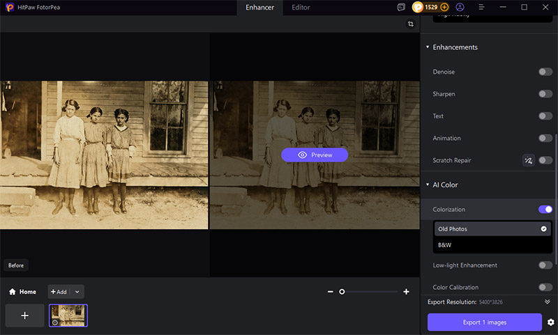 Пример многомодельной обработки старого снимка с Colorization и другими переключателями Enhancer