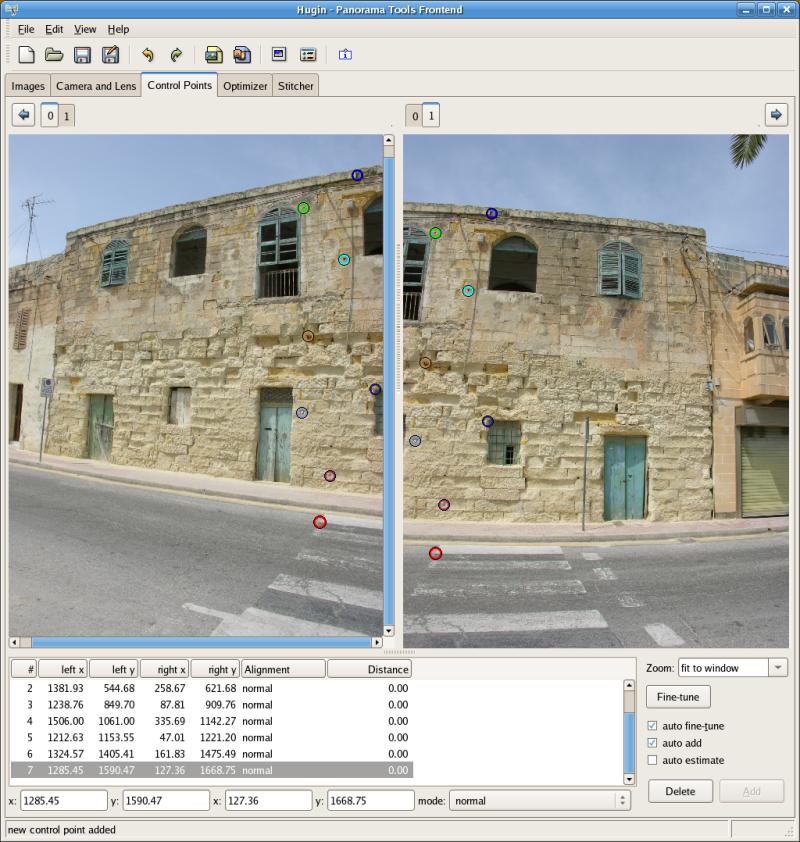 Вкладка Control Points с двумя перекрывающимися фотографиями здания, цветными парами точек и таблицей координат