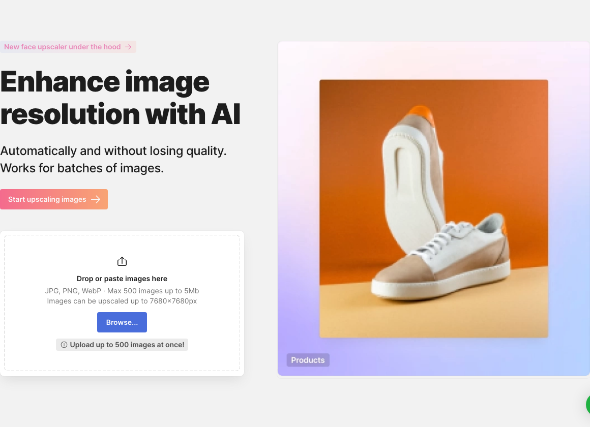 Главная страница Icons8 Smart Upscaler с областью загрузки JPG, PNG и WebP и указанием лимитов