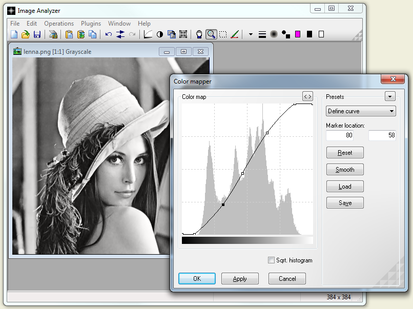 Главное окно Image Analyzer с открытым изображением и диалогом Color mapper