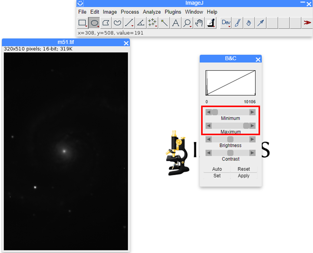 ImageJ с 16-битным изображением и окном Brightness/Contrast