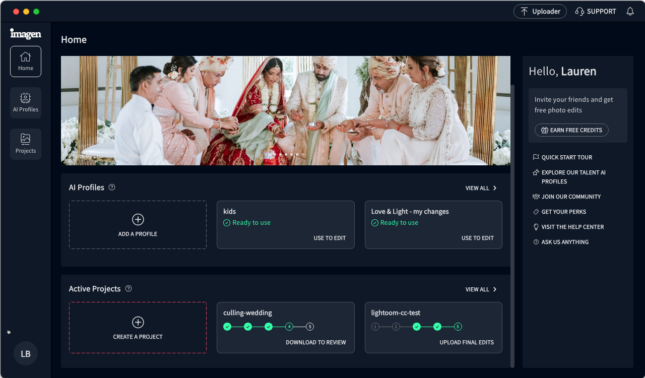 Главная страница Imagen с разделами Home, AI Profiles и Active Projects