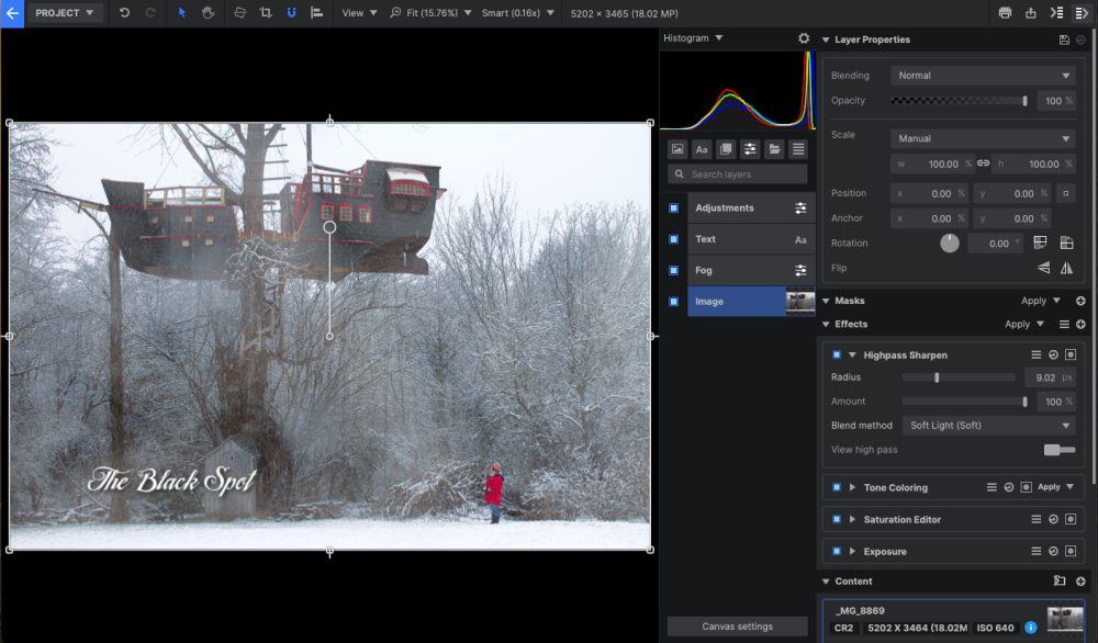 Рабочее окно Imerge Pro с Viewer, слоями, гистограммой и панелью Layer Properties