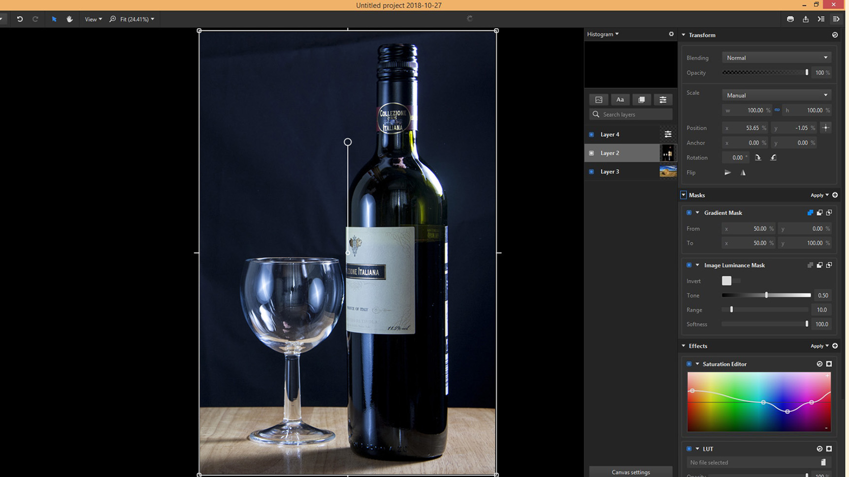 Предметный композит бутылки и бокала в Imerge Pro с масками и Saturation Editor