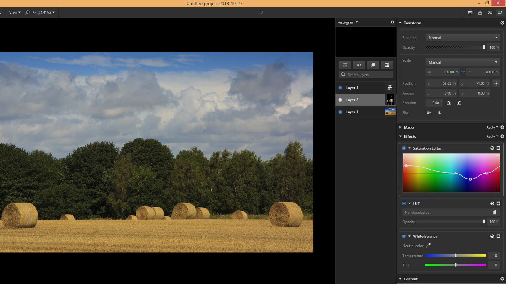 Панель Effects Imerge Pro с Saturation Editor, LUT и White Balance