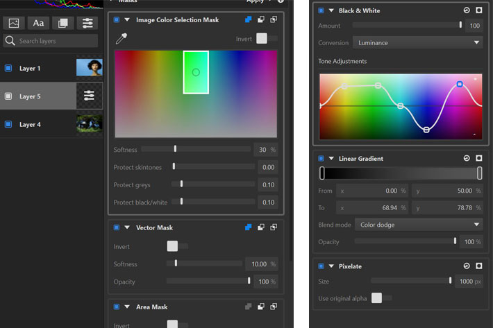 Крупный фрагмент интерфейса Imerge Pro с Image Color Selection Mask, Vector Mask и эффектами