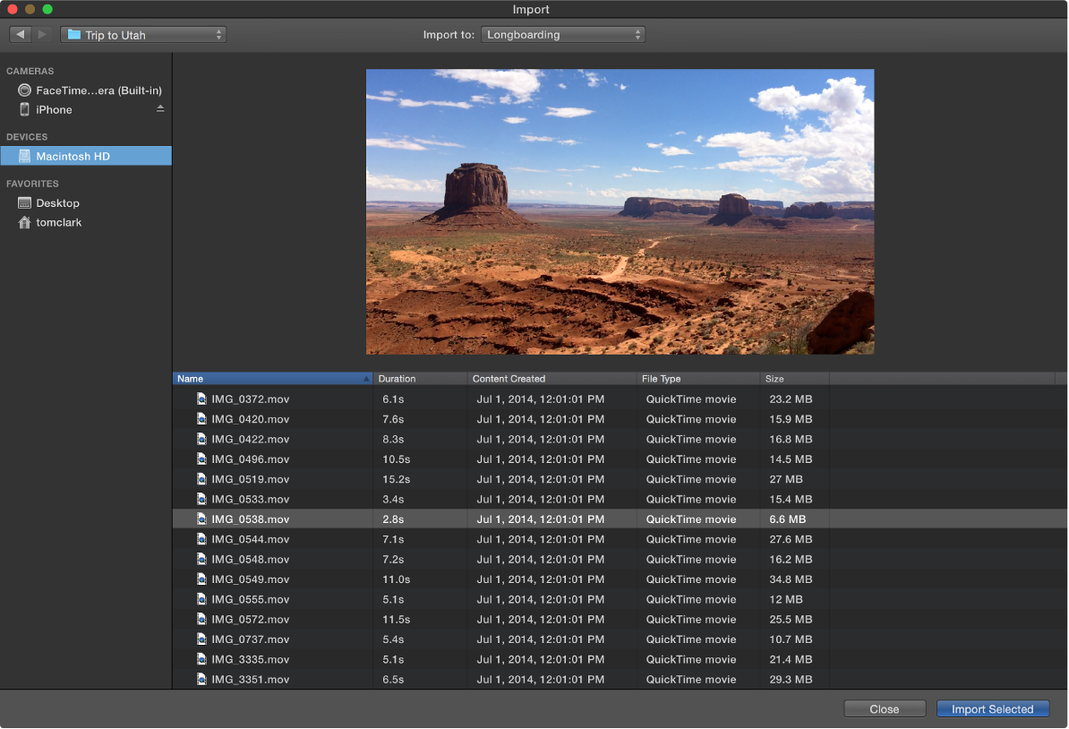 Окно импорта iMovie с выбором устройства, события и клипов