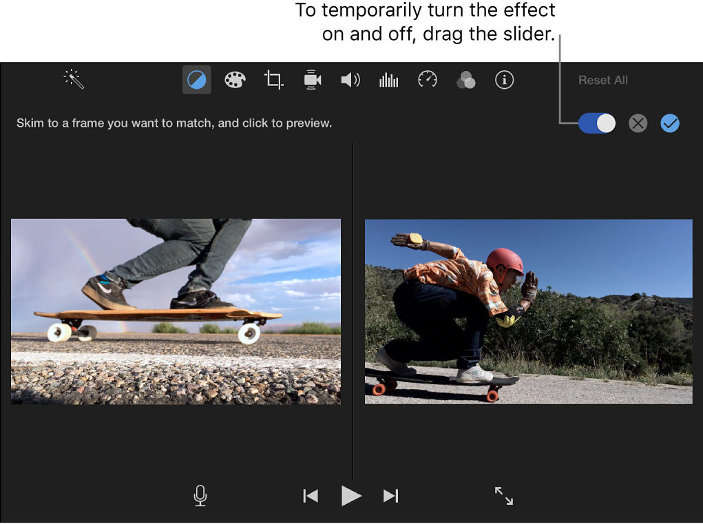 Режим Match Color iMovie с образцом и корректируемым кадром