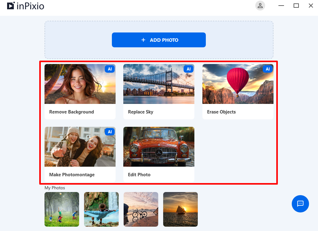 Стартовый экран InPixio Photo Studio 12 с карточками основных режимов обработки