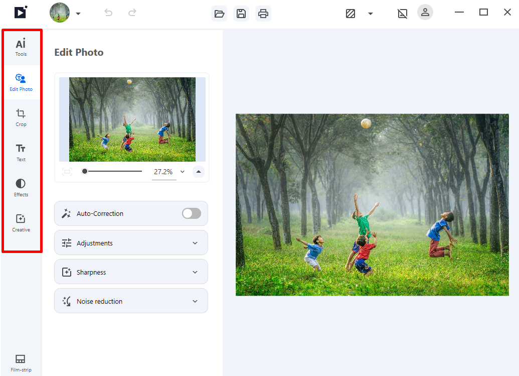 Рабочая область Edit Photo с фотографией и боковой панелью инструментов