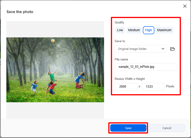 Окно сохранения Photo Studio 12 с качеством, папкой, именем и размером изображения