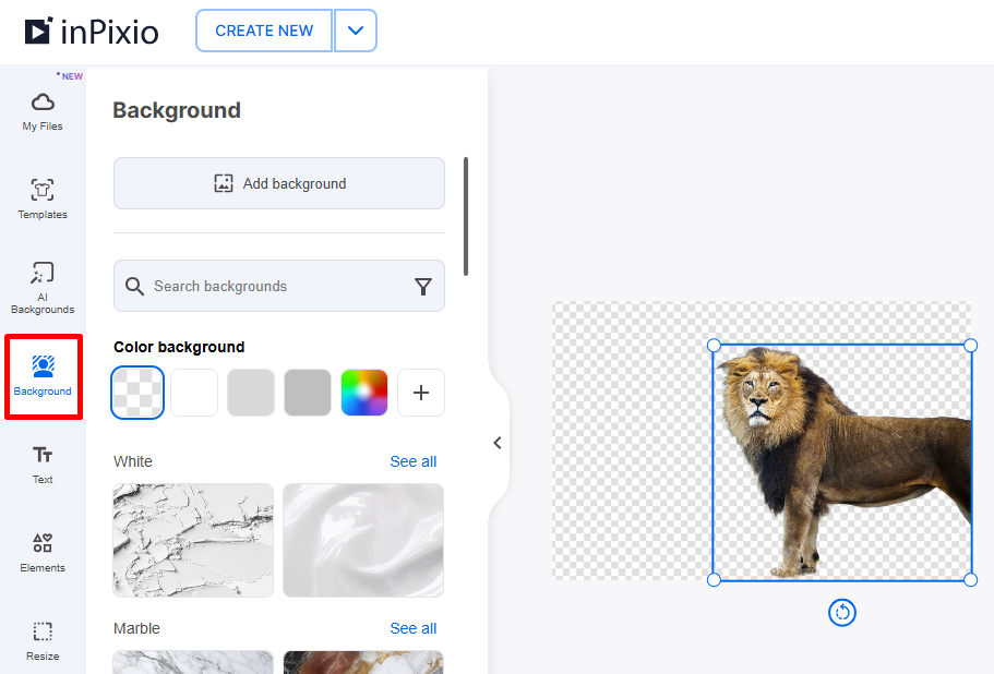 Панель Background в InPixio Online Photo Editor и вырезанный лев на прозрачной шахматной подложке
