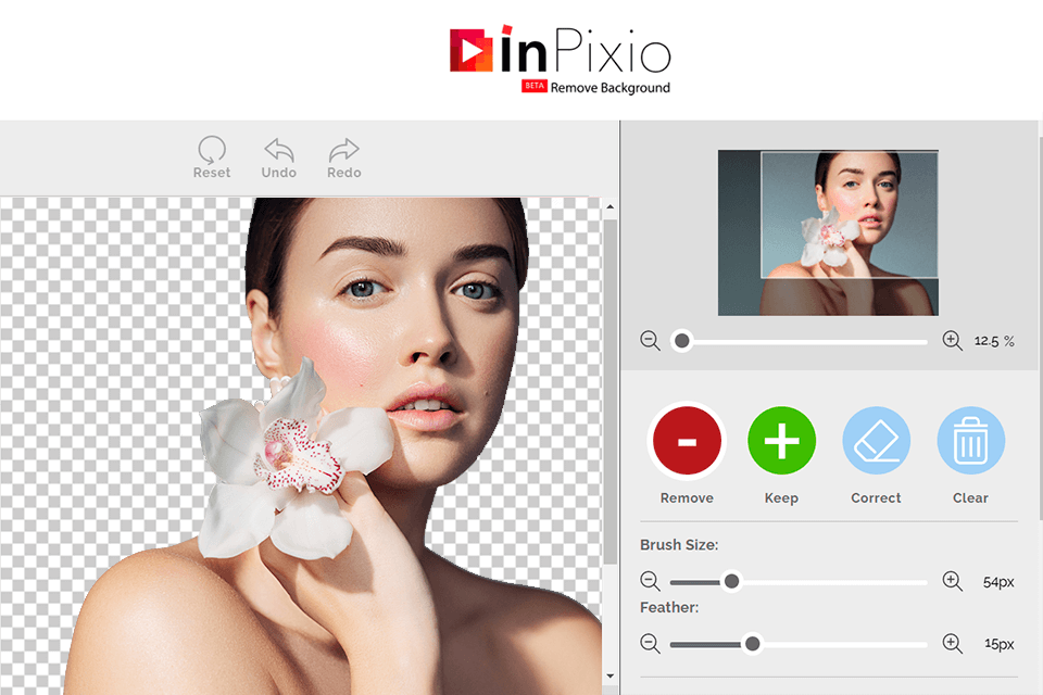 Классический интерфейс InPixio Remove Background с Remove, Keep, Correct, Clear, Brush Size и Feather