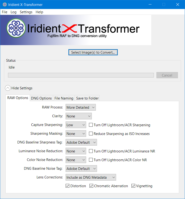 Окно X-Transformer в Windows с режимом More Detailed, резкостью и DNG-коррекциями объектива