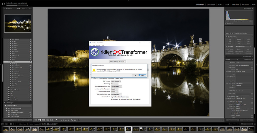 X-Transformer запущен из Lightroom с диалогом обработки RAF и включёнными коррекциями объектива