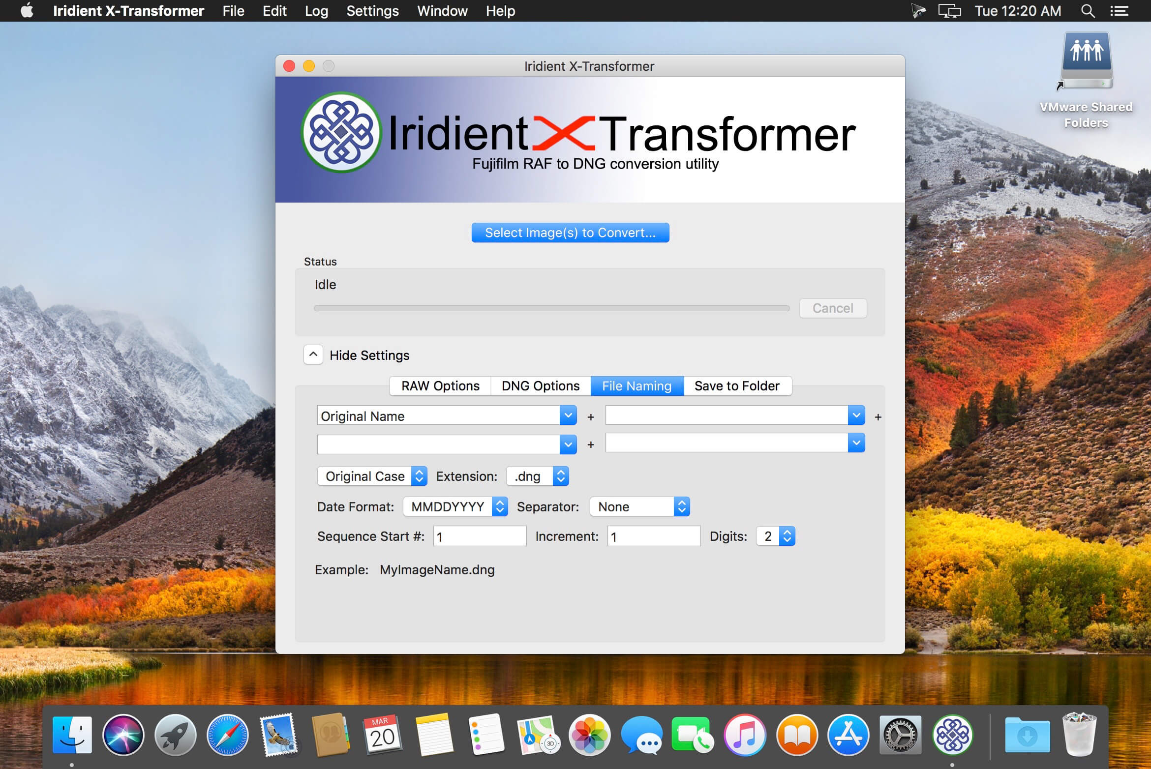 Вкладка File Naming на macOS с шаблоном имени, датой, последовательностью и расширением DNG