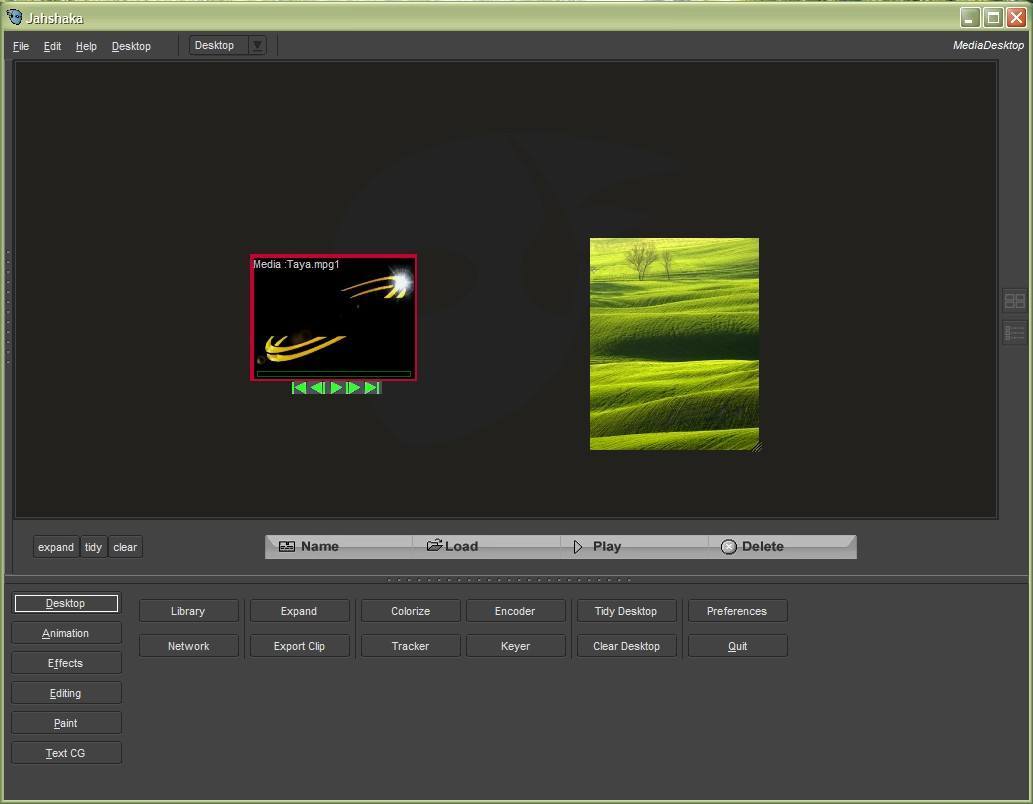 Jahshaka Desktop с медиаклипами и кнопками Library, Encoder, Colorize, Tracker и Keyer