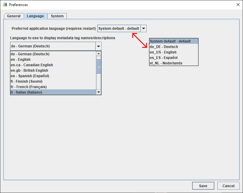 Preferences Language в jExifToolGUI с выбором языка интерфейса и языка описаний метатегов